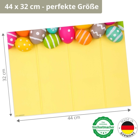12 Tischsets - Bunte Ostereier auf gelbem Hintergrund - aus extra dickem Naturpapier - Hergestellt in Deutschland