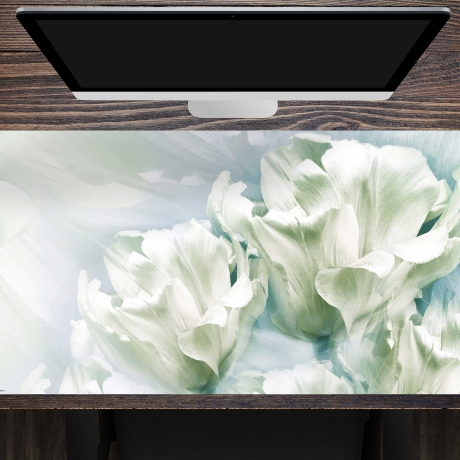 Schreibtischunterlage XXL – Romantische weiße Tulpen – 100 x 50 cm – Schreibunterlage für Kinder aus erstklassigem Premium Vinyl