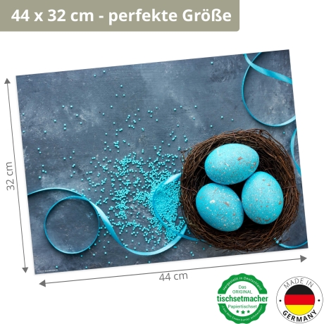 12 Tischsets - Blau gefärbte Eier und Zuckerperlen - aus extra dickem Naturpapier - Hergestellt in Deutschland