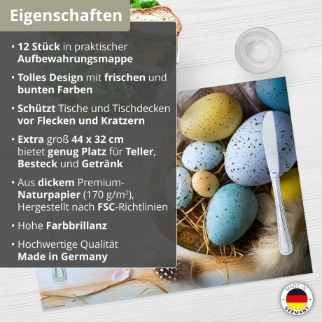 12 Tischsets - Blaue und gelbe Eier im Osternest - aus extra dickem Naturpapier - Hergestellt in Deutschland
