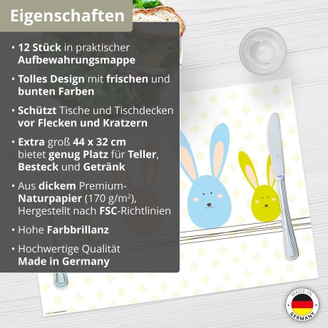 12 Tischsets - Grafik-Set mit Osterhäschen - aus extra dickem Naturpapier - Hergestellt in Deutschland