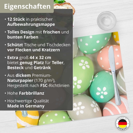 12 Tischsets - Pastellfarbene Ostereier - aus extra dickem Naturpapier - Hergestellt in Deutschland