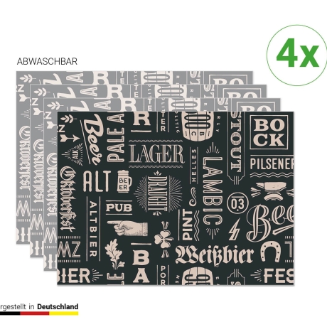 Tischsets I Platzsets abwaschbar - Biersorten - aus Premium Vinyl - 4 Stück - 44 x 32 cm - Tischdekoration - Made in Germany