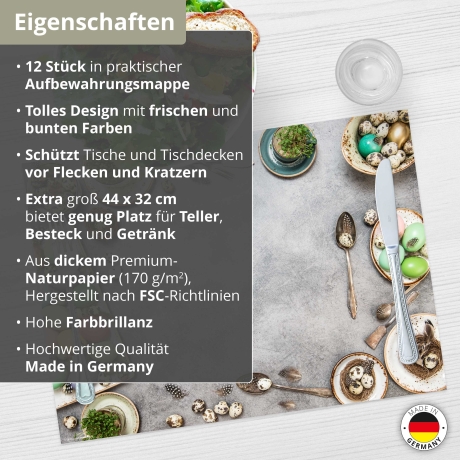 12 Tischsets - Wachteleier und Vintage-Gedeck - aus extra dickem Naturpapier - Hergestellt in Deutschland