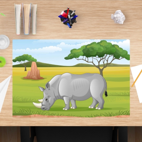 Schreibtischunterlage – Nashorn in der Steppe – 60 x 40 cm – Schreibunterlage Kinder aus Premium Vinyl – Made in Germany