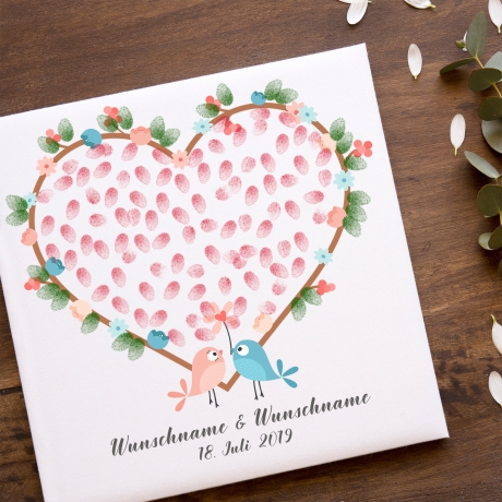 Gästebuch Hochzeit Fingerabdruck Leinwand Personalisiert Vögelchen Herz Brautpaar Geschenk Hochzeitsdekoration Namen 50x50 cm Keilrahmen