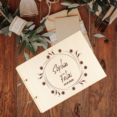 Gästebuch Hochzeit Holz personalisiert mit Namen Lasergravur DIN A4 quer 300x215 mm, 50 Blatt 300 gr Papier Gravur Hochzeitsgästebuch
