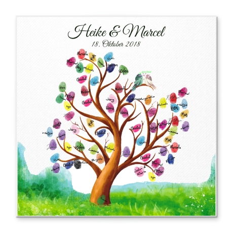 Gästebuch Hochzeit Fingerabdruck Leinwand Personalisiert Tree & Birds Brautpaar Geschenk Hochzeitsdekoration Namen 50x50 cm Keilrahmen