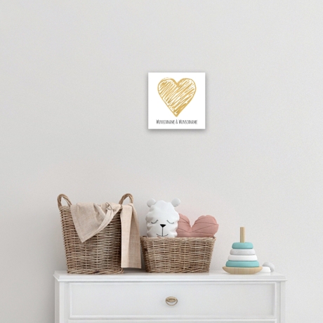 Holzbild Goldenes Herz personalisiert Geschenk Namen Holzschild, 15x15 cm aufhängen o. hinstellen Geburt Hochzeit Dankeschön Wandbild