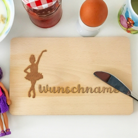 Frühstücksbrettchen Holz mit Gravur Name Ballerina, Buche Natur, Schneidebrett graviert für Jungen Mädchen, Holzbrettchen Kinder Geschenk