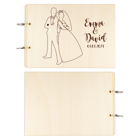 Gästebuch Hochzeit Holz personalisiert mit Namen Lasergravur DIN A4 quer 300x215 mm, 50 Blatt 300 gr Papier Gravur Hochzeitsgästebuch