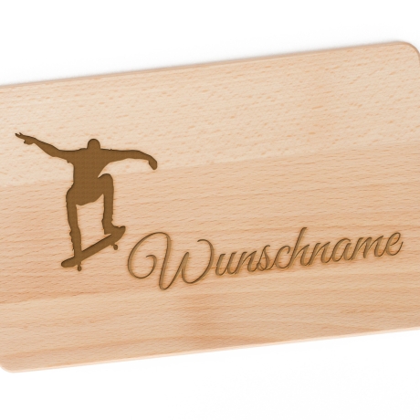 Frühstücksbrettchen Holz mit Gravur Name Skateboard, Buche Natur, Schneidebrett graviert für Jungen Mädchen, Holzbrettchen Kinder Geschenk