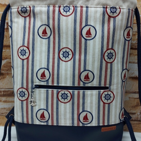 Turnbeutel, Damenrucksack - maritimes Muster - dunkelblau