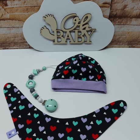Mützchen Beanie Spucktuch Halstuch für Baby - bunte Herzen 