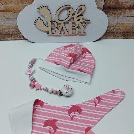 Mützchen Beanie Spucktuch Halstuch für Baby - Delphine rosa