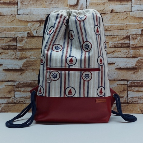 Turnbeutel, Damenrucksack - maritimes Muster - dunkelrot