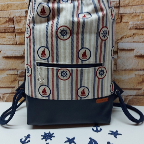 Turnbeutel, Damenrucksack - maritimes Muster - dunkelblau
