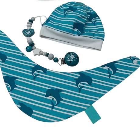 Mützchen Beanie Spucktuch Halstuch für Baby-Delphine petrol/weiss