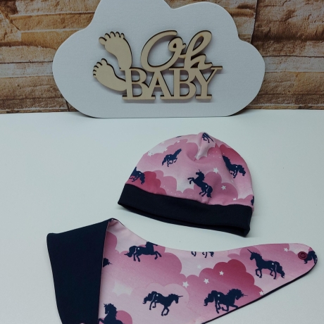 Mützchen Beanie Spucktuch Halstuch für Baby-Einhörner Wolken rosa