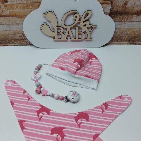 Mützchen Beanie Spucktuch Halstuch für Baby - Delphine rosa