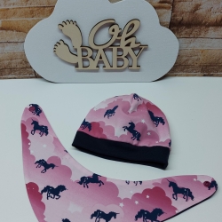 Mützchen Beanie Spucktuch Halstuch für Baby-Einhörner Wolken rosa
