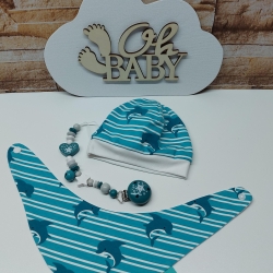 Mützchen Beanie Spucktuch Halstuch für Baby-Delphine petrol/weiss