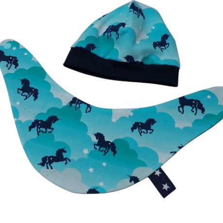 Mützchen Beanie Spucktuch Halstuch für Baby-Einhörner Wolken blau