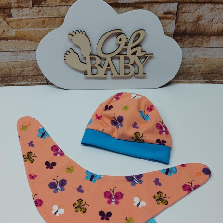 Mützchen Beanie Spucktuch Halstuch für Baby- bunte Schmetterlinge