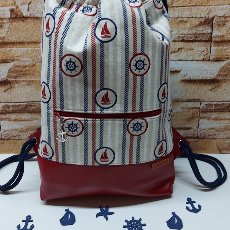 Turnbeutel, Damenrucksack - maritimes Muster - dunkelrot