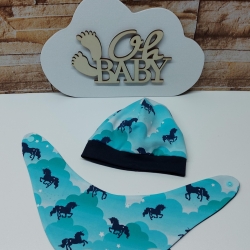 Mützchen Beanie Spucktuch Halstuch für Baby-Einhörner Wolken blau