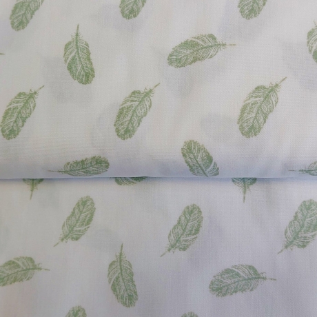 Baumwollstoff - Federn in weiß/altgrün - ab 25 cm