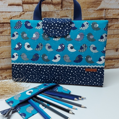 Zweckmäßige Maltasche/Zeichentasche für Kids - Vögelchen blau