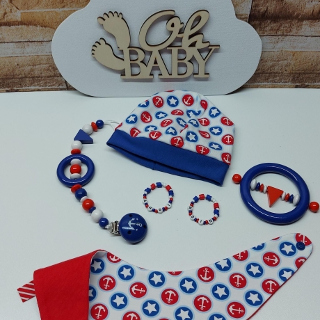 Mützchen Beanie Spucktuch Halstuch für Baby - Anker und Sterne