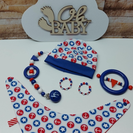 Mützchen Beanie Spucktuch Halstuch für Baby - Anker und Sterne