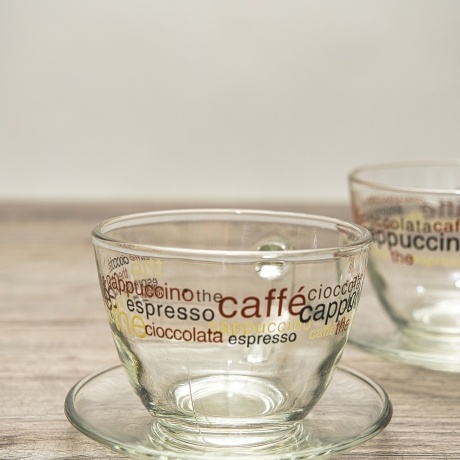 2-teiliges Glas Cappuccino-/ Kaffeetassen-Set - inkl. Glasuntersetzer - mit Bedruckung - 9C3