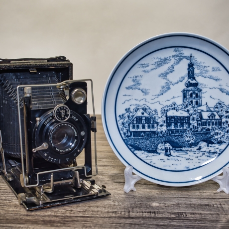 Sammelteller, Städteteller: Bad Kreuznacher Brückenhäuser i. W. - von Hutschenreuther - blaues Porzellan  - Made in Germany - TOP (8F)