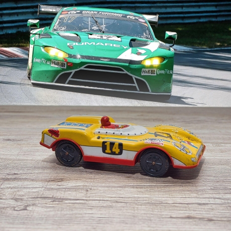 Blechauto: Vintage Joustra 24-Stunden Le Mans Rennwagen - Seltenes Blechmodell mit Friktionsantrieb - Maßstab 1/38 - Made in France