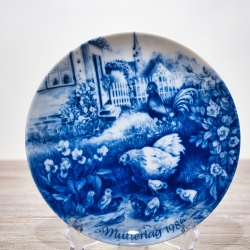 Sammelteller Muttertag: 1986 Hühnerfamilie - Berlin Design - blaues Porzellan  - Made in West Germany - 19,5 cm - 8B3 - TOP Zustand