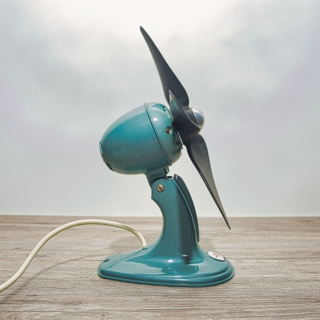 Vintage Tisch Ventilator  - Progress W3 Aluminiumgehäuse im Stil der 50er Jahre, schöne türkise Farbe, generalüberholt. Top Zustand (9A)