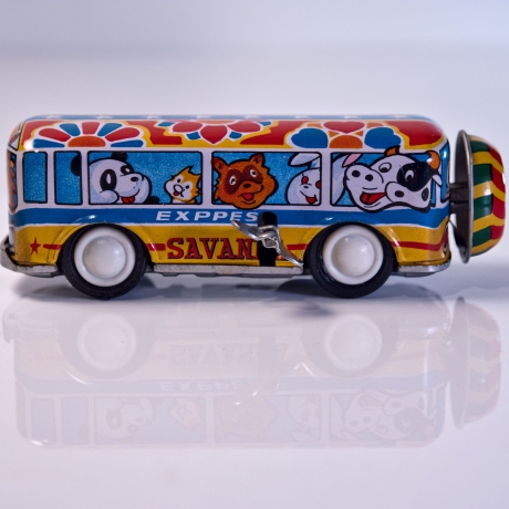 Fehldruck! : Blechspielzeug Bus Savanna Express - Made in Japan, funktionierend , mit Uhrwerksantrieb und Glocke