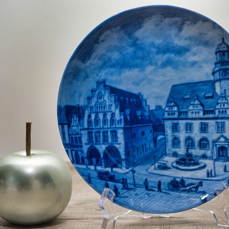 Sammelteller Berlin Design - Städteteller Dortmund - Markt mit Rathaus + Sparkasse - blaues Porzellan - Made in Germany - 9D2 - TOP Zustand