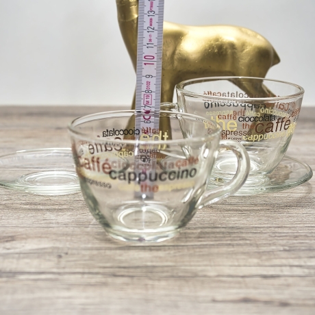 2-teiliges Glas Cappuccino-/ Kaffeetassen-Set - inkl. Glasuntersetzer - mit Bedruckung - 9C3