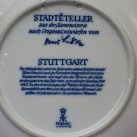Sammelteller, Städteteller: Stuttgart - von Kaiser - blaues Porzellan  - Made in West Germany - wie neu TOP (8F)
