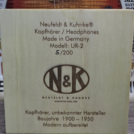 Kopfhörer Neufeldt&Kuhnke , Modell UR-2 aus ca. 1920, Kopfgröße XS-M, modern aufbereitet, mit Holzkiste, limitierte Auflage 5/200