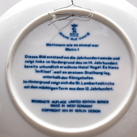 Sammelteller Berlin Design - Serie: Mettmann - Hotel Vogel  - blaues Porzellan  - Made in West Germany - 9D2 - TOP Zustand