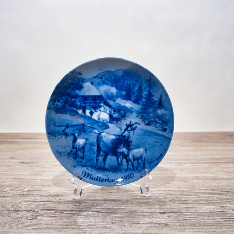 Sammelteller Muttertag: 1980 Ziegenfamilie - Berlin Design - blaues Porzellan  - Made in West Germany - 19,5 cm - 8B3 - TOP Zustand
