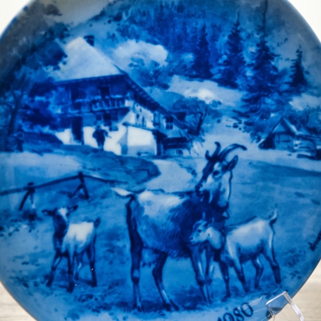Sammelteller Muttertag: 1980 Ziegenfamilie - Berlin Design - blaues Porzellan  - Made in West Germany - 19,5 cm - 8B3 - TOP Zustand