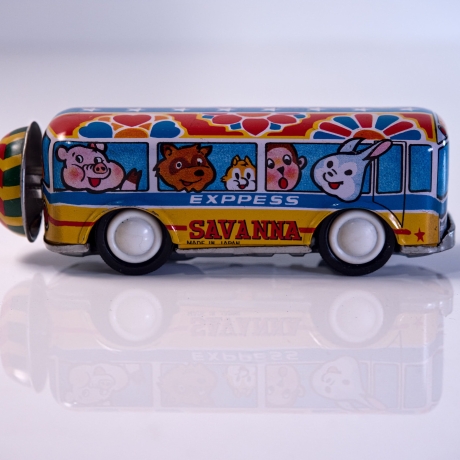 Fehldruck! : Blechspielzeug Bus Savanna Express - Made in Japan, funktionierend , mit Uhrwerksantrieb und Glocke