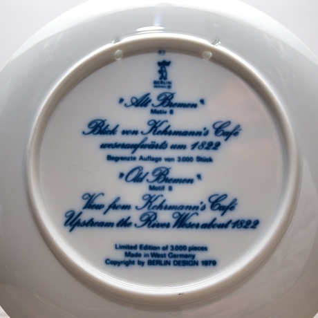 Sammelteller Berlin Design - Serie: Alt Bremen - Blick von Kehrm.  - blaues Porzellan  - Auflage 3.000 - Made in Germany - 9D1 - TOP Zustand