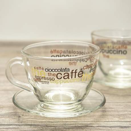 2-teiliges Glas Cappuccino-/ Kaffeetassen-Set - inkl. Glasuntersetzer - mit Bedruckung - 9C3